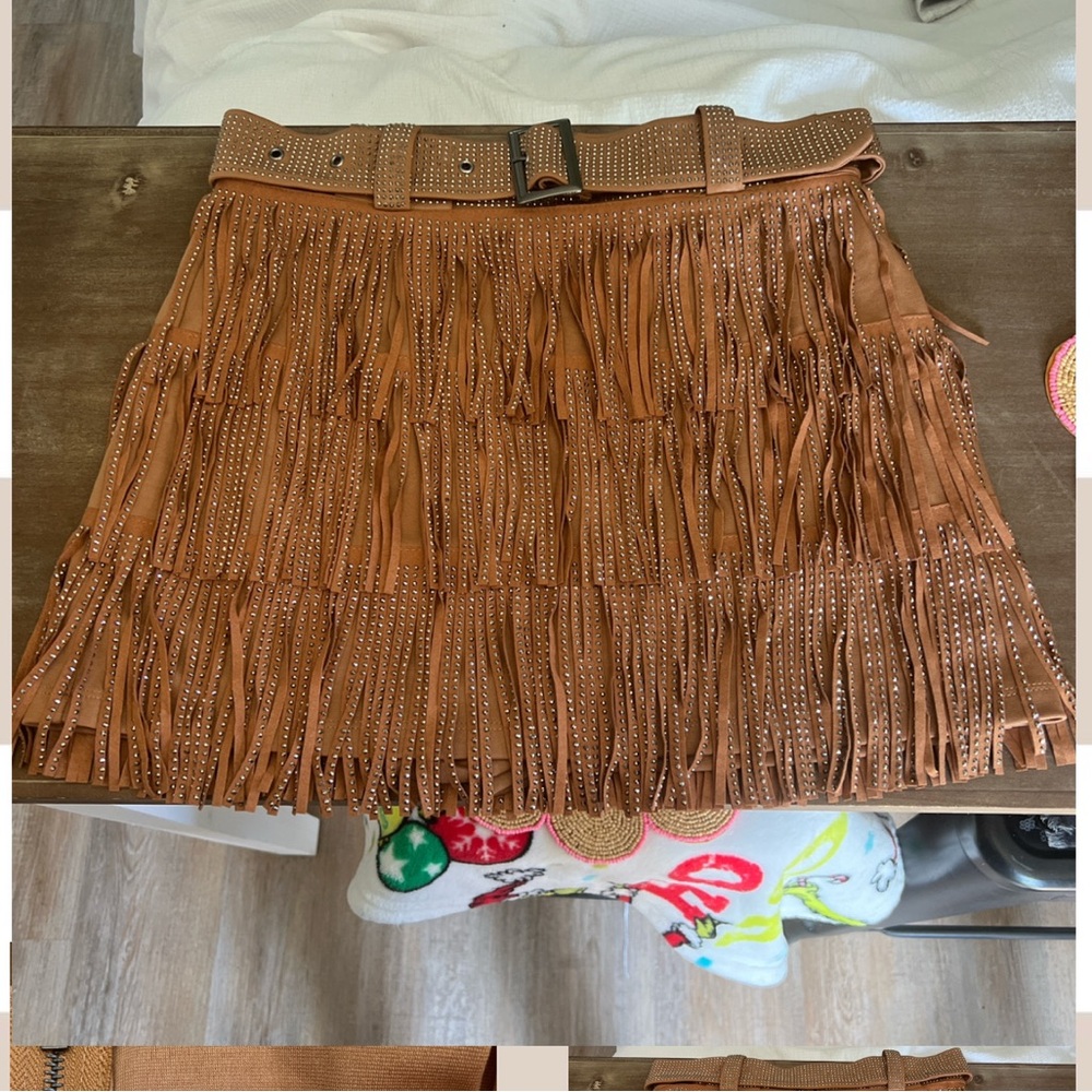 Wanda Nylon Tan Fringe Mini Skirt